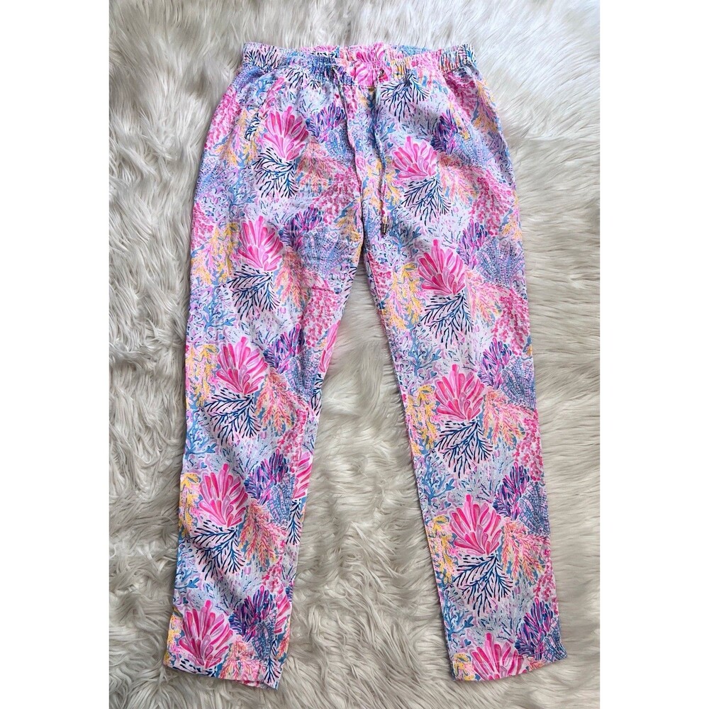 Lilly Pulitzer Taron 100% Linen Pants M Coastal Coral Print Drawstring Pull On - Picture 2 of 15